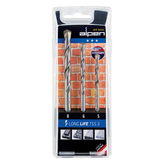ALPEN Masonry Drill Bit Set 3 Piece Long Life 5 6 8
